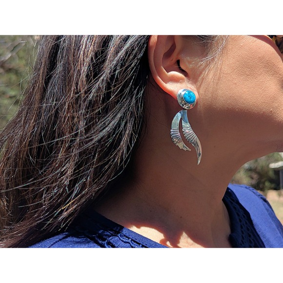 Navajo Earrings Handmade‎ Native American Kingman Turquoise NA Silver Jewelry ** - Picture 6 of 11